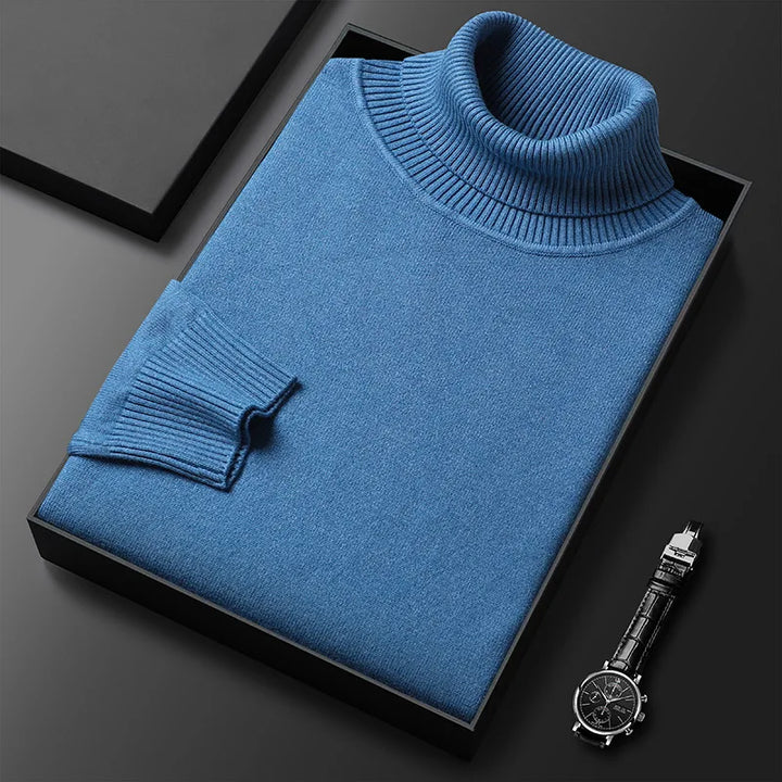 Premium knit men's turtleneck pullover sweater, offering classic style and warmth for winter fashion and casual wear.