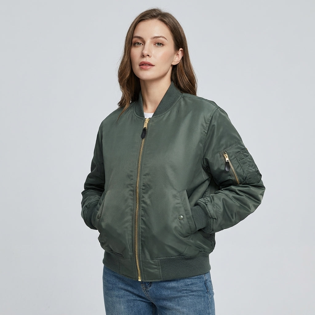 Classic unisex bomber jacket for women. Versatile outerwear perfect for all seasons & everyday wear.