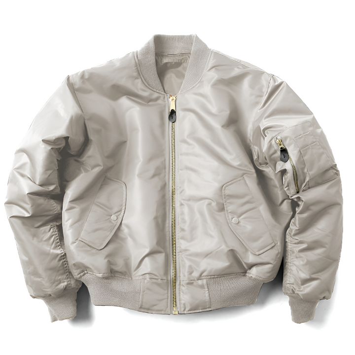 Close-up of a women's classic bomber jacket, showcasing the durable zipper & ribbed collar. Unisex casual outerwear.