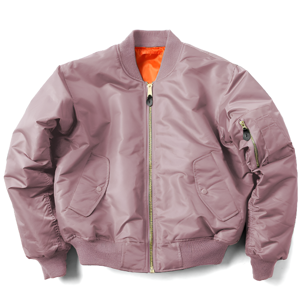 Woman wearing a stylish unisex bomber jacket outdoors. Perfect casual outerwear for spring, fall & everyday comfort.