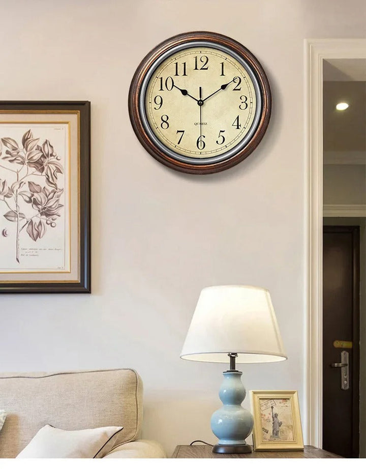 Decorative wooden wall clock, classic style, perfect for living rooms. Features silent movement for undisturbed ambiance.