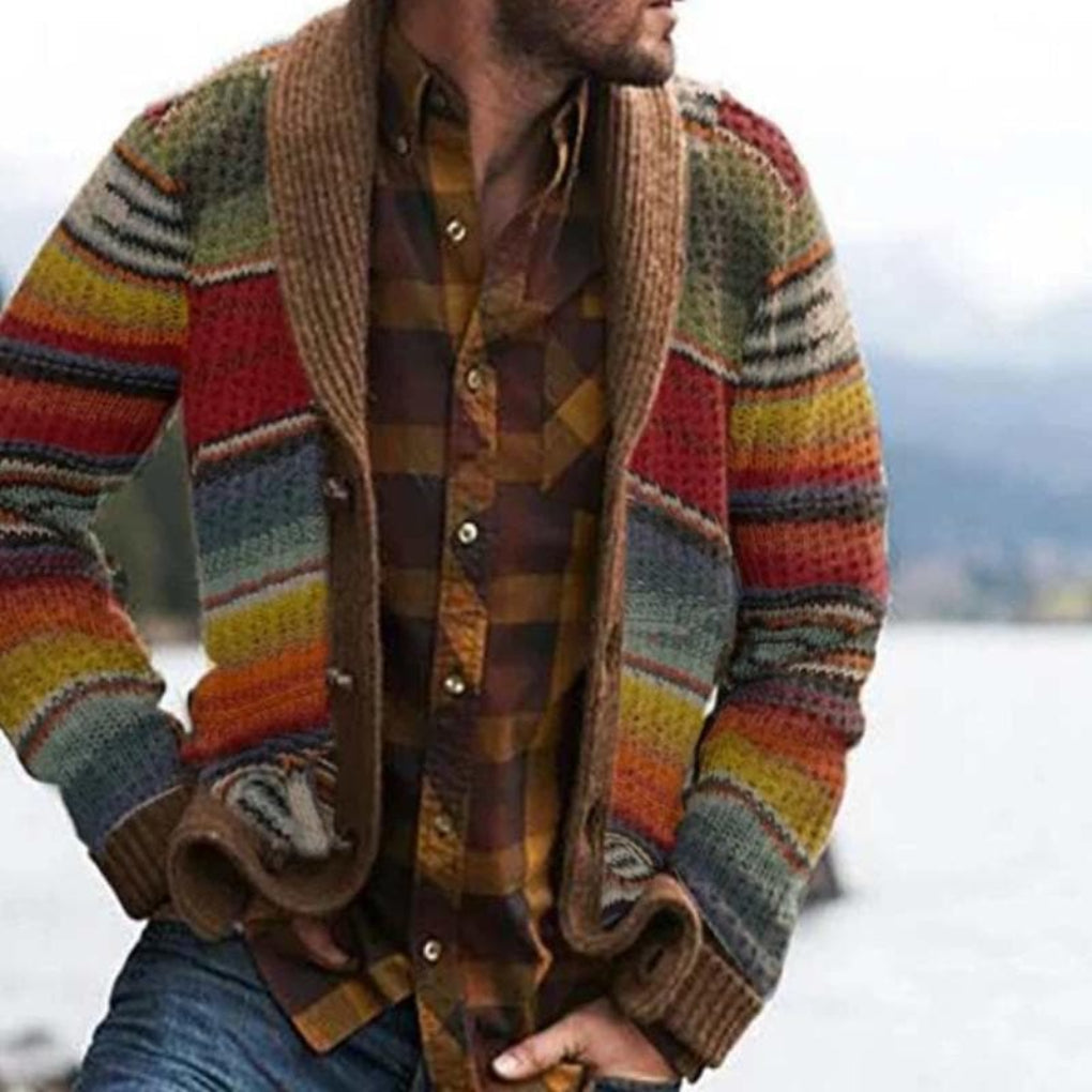 Colorful men's striped cardigan with a relaxed fit. Open-front, long-sleeve, ideal for casual layering.