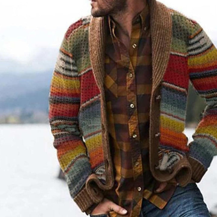 Modern men's colorful striped cardigan, relaxed fit. Comfortable long-sleeve style for casual wear & layering.