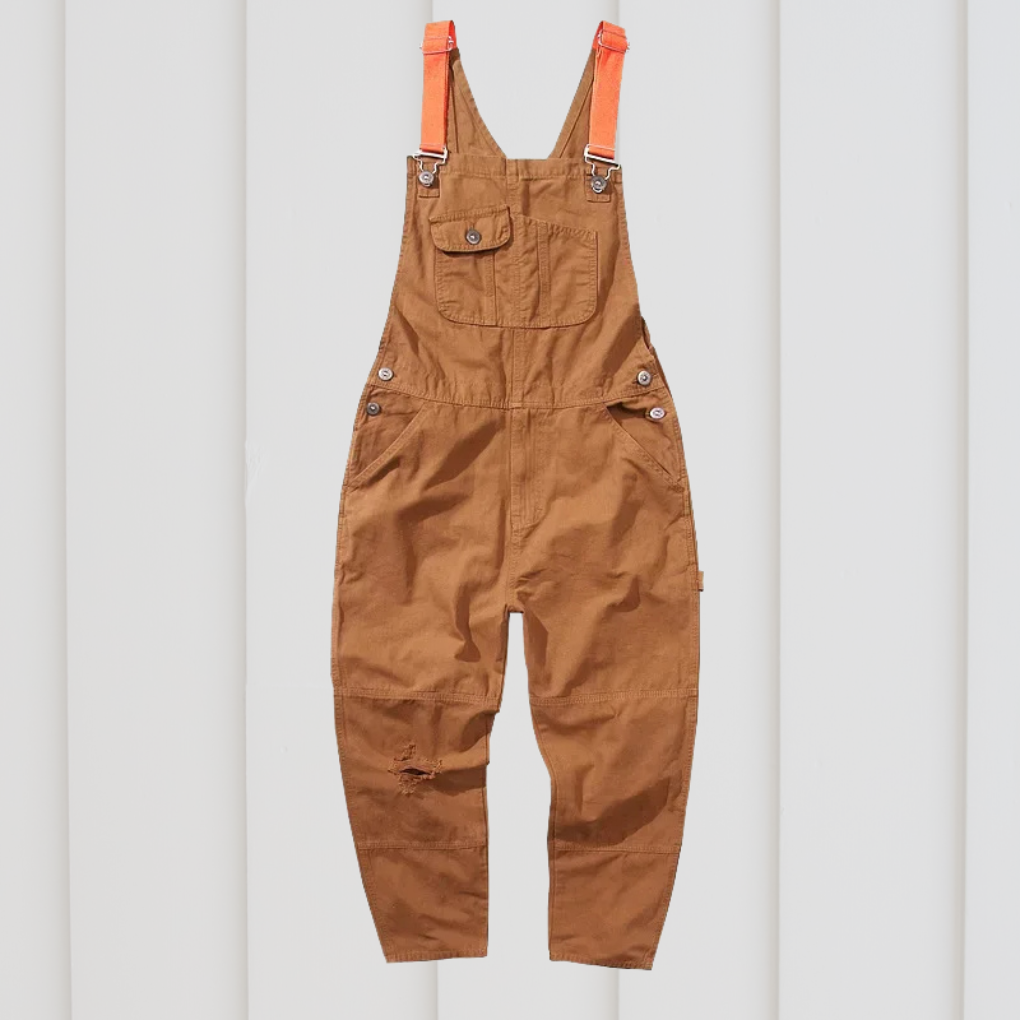 Comfortable beige unisex gardening dungarees, ideal practical workwear overalls for outdoor garden tasks.