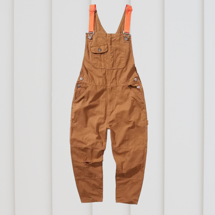 Comfortable beige unisex gardening dungarees, ideal practical workwear overalls for outdoor garden tasks.