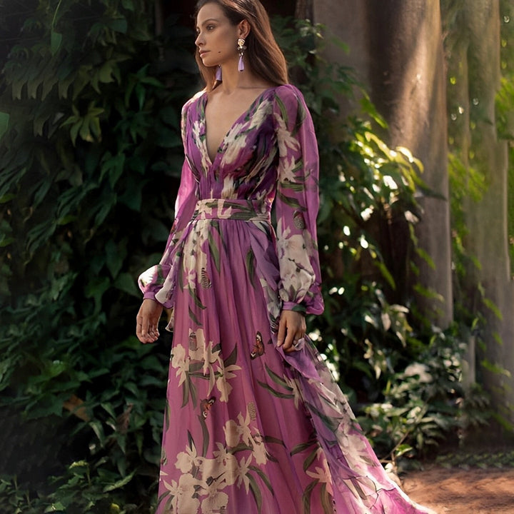 Comfortable women's floral v-neck maxi dress, purple, ideal for spring & summer casual wear.