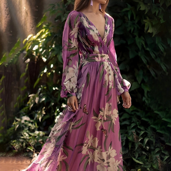 Women's purple floral v-neck maxi dress, a comfortable and stylish casual spring/summer dress.