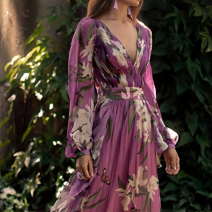 Casual women's maxi dress with a purple floral pattern and v-neck, perfect for summer.