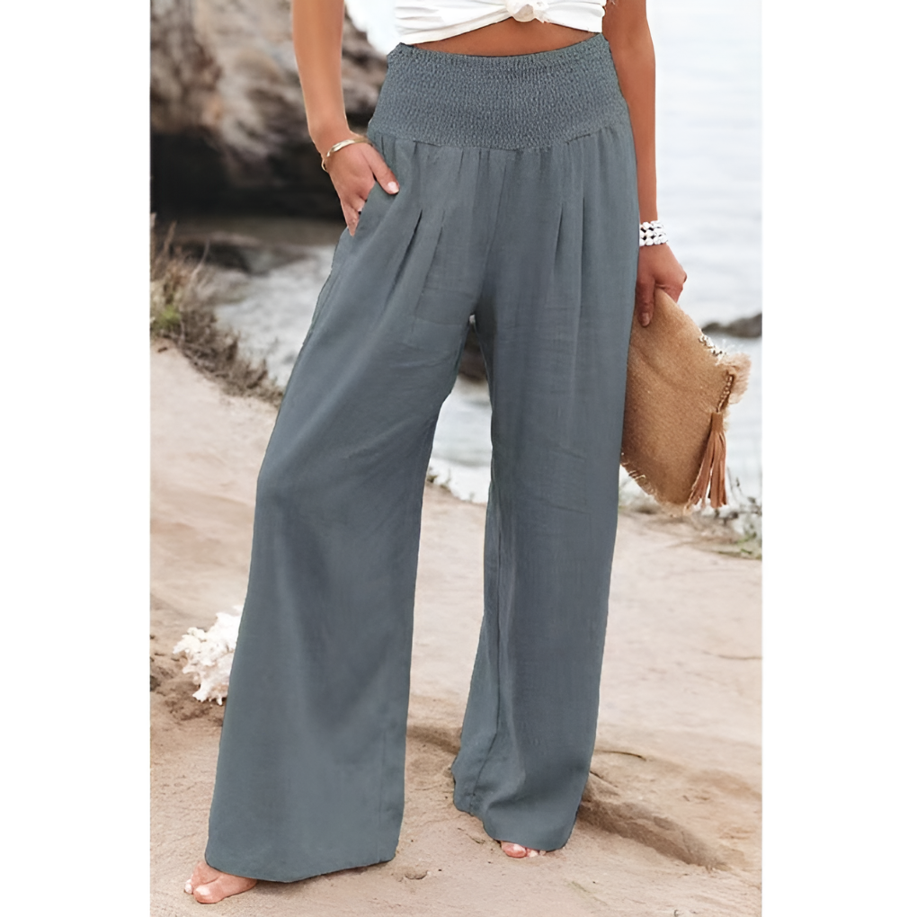 Plus size high-waisted linen trousers for women, comfortable stretch fit for effortless style.