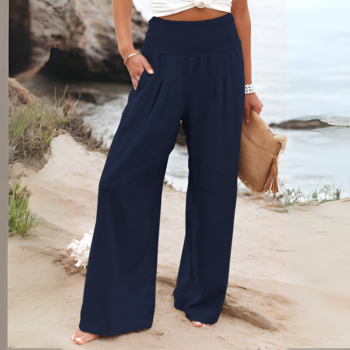 Women's high-waisted linen trousers, comfortable stretch fabric, ideal for spring & summer casual.