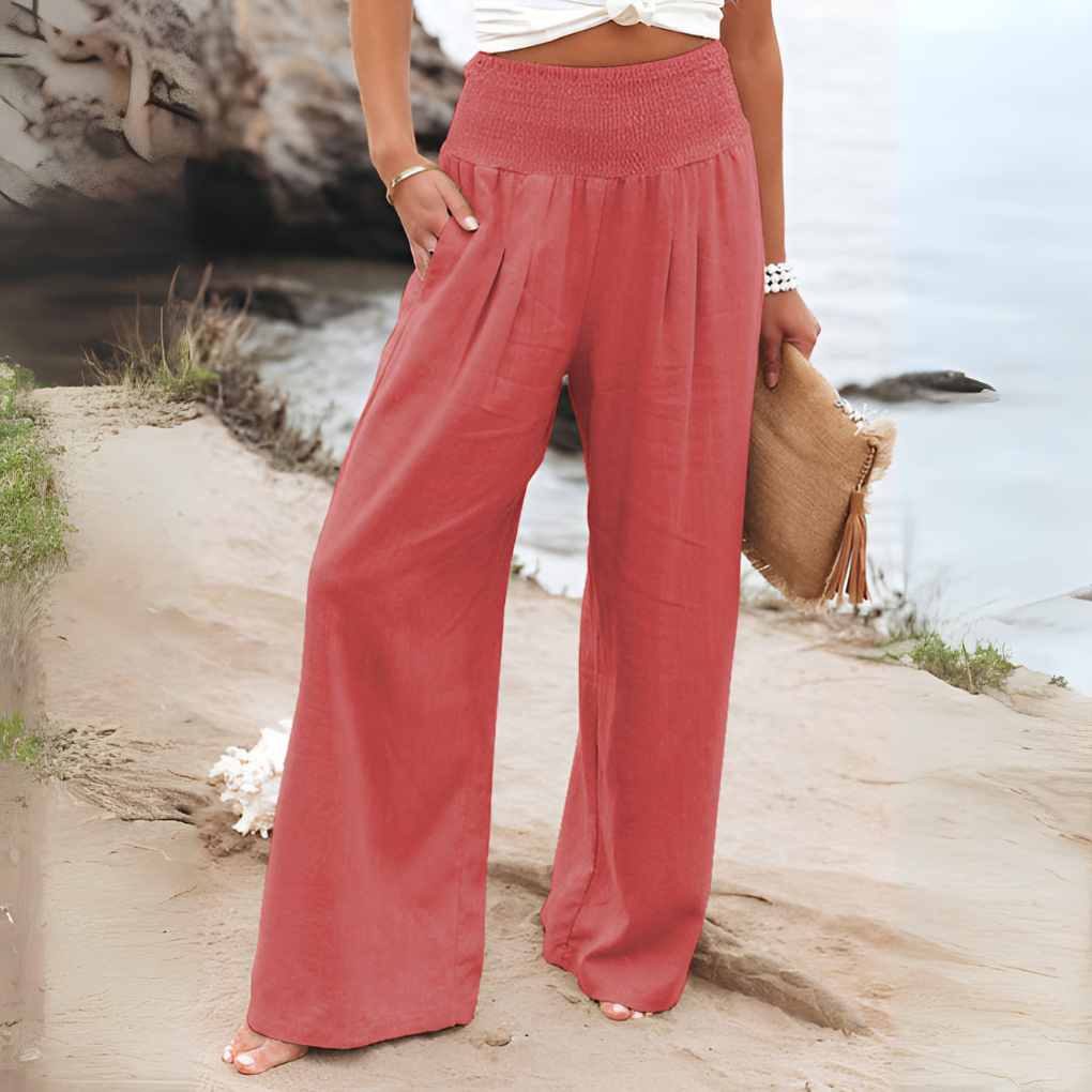 Stylish women's stretch linen trousers, high-waisted and comfortable for spring & summer outfits.