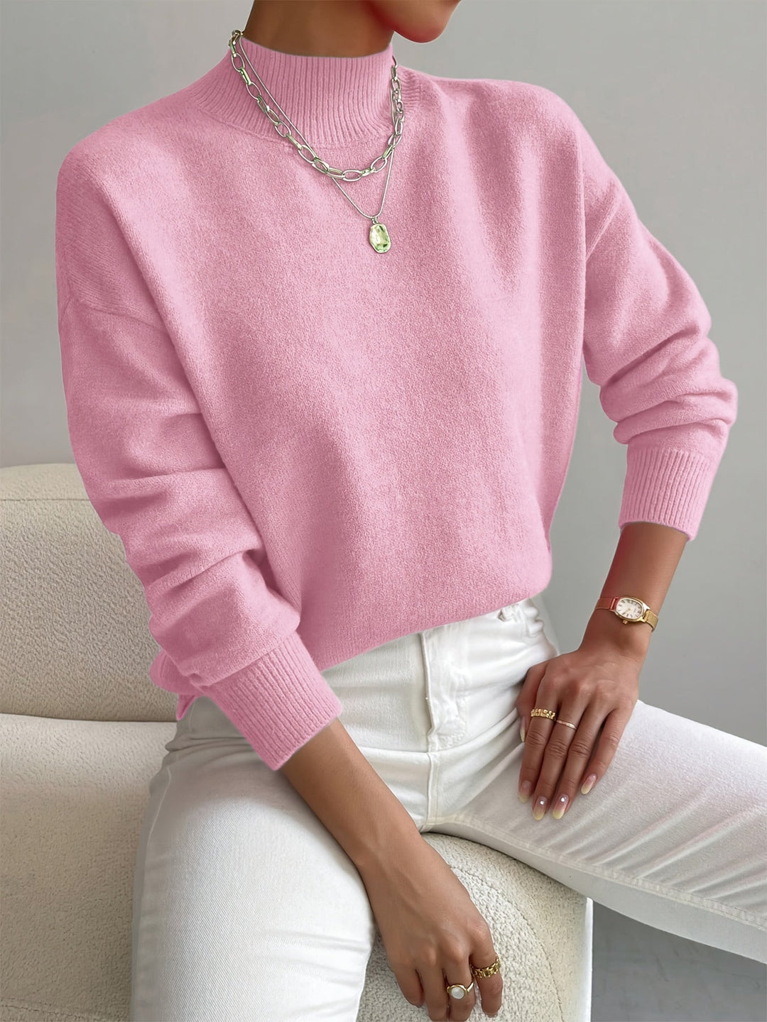 Women's casual pullover mock neck sweater, designed for spring comfort and versatile styling.