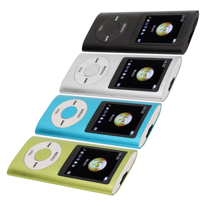 Front view of a black portable MP3 player with easy-to-use controls and a clear 1.8-inch digital LCD screen.