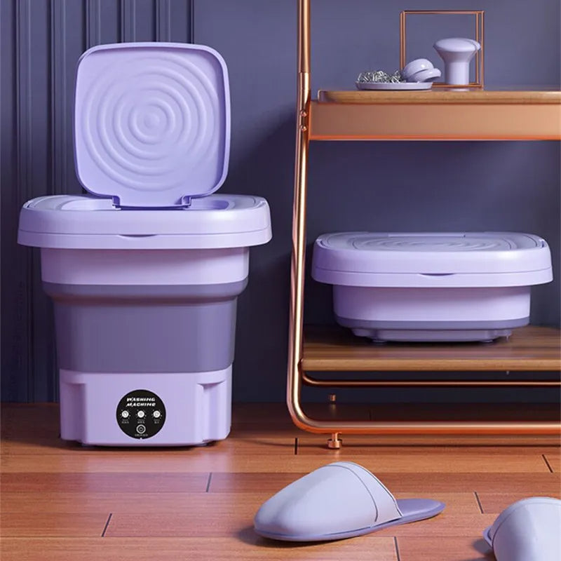 Compact foldable portable washing machine with spin dryer; small, efficient design, perfect for travel, apartments, or dorms.