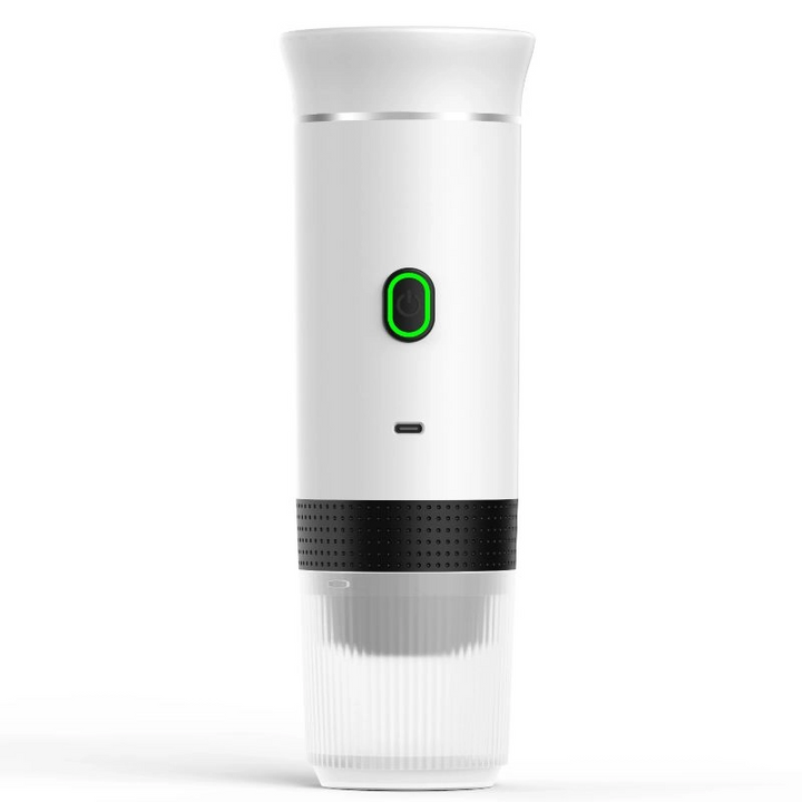 "Compact portable 3-in-1 espresso coffee maker, wireless, sleek design, for ground coffee and capsules, ideal for travel."