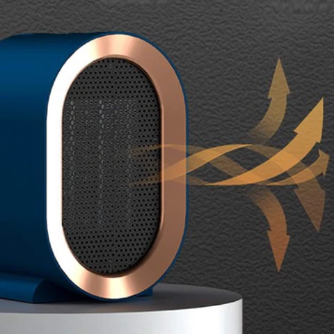 "Compact portable electric heater with energy-efficient ceramic element, ideal for heating small spaces, shown in stylish des