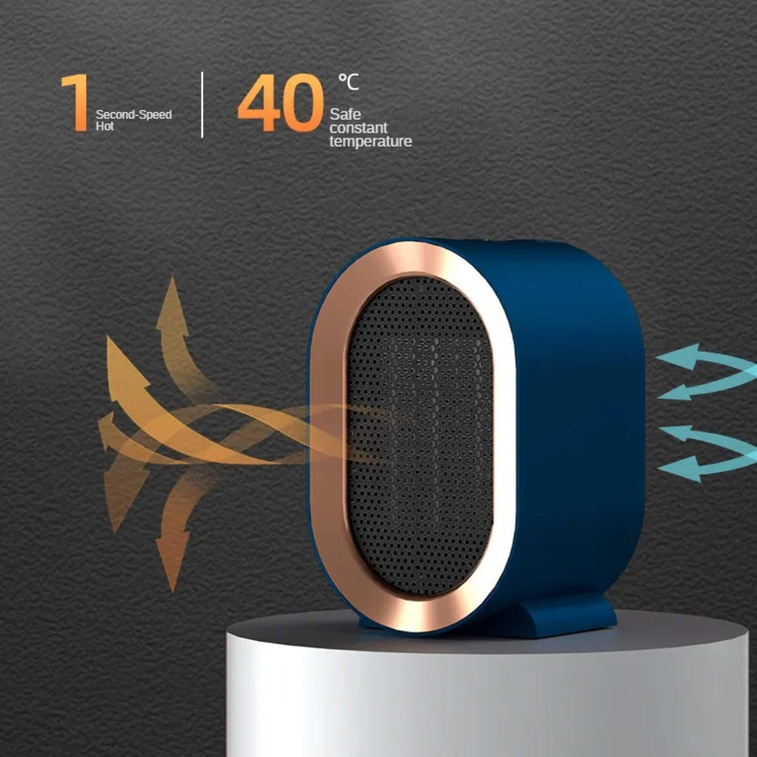 "Compact portable electric heater with energy-efficient ceramic element, ideal for heating small spaces, shown in stylish des