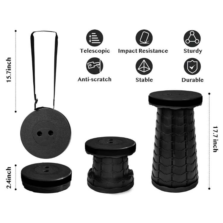 Portable compact folding stool for easy storage and transport. Essential travel accessory for outdoor enthusiasts.