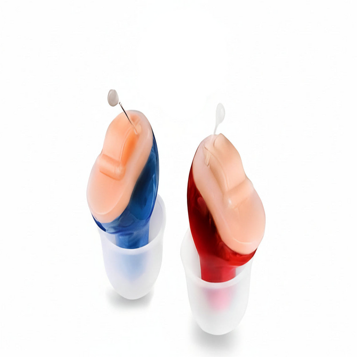 Compact rechargeable in-ear hearing enhancers, ideal for daily use with speech clarity & noise reduction.