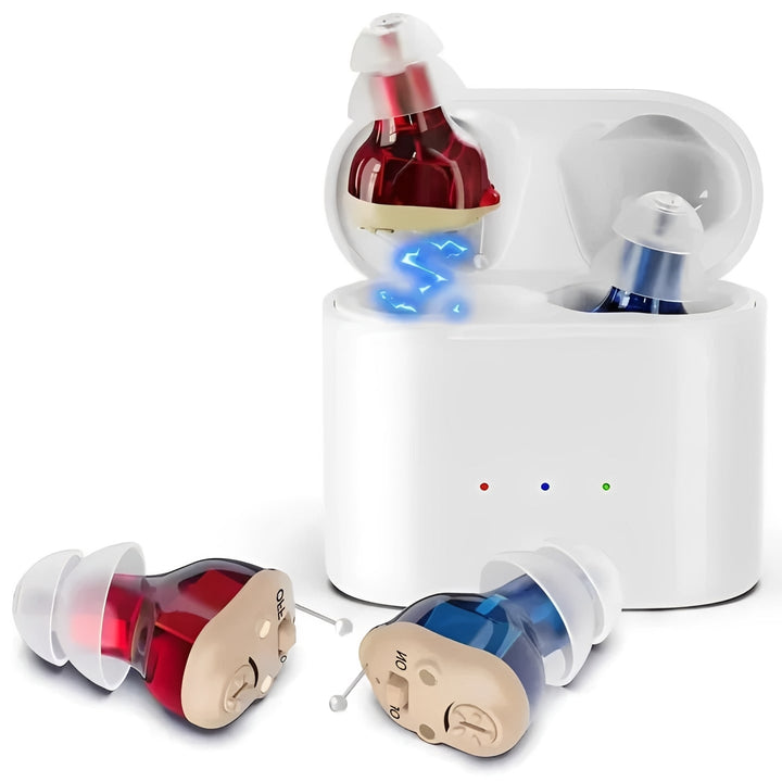 Discreet & portable in-ear sound amplifiers. Rechargeable for everyday use, enhancing hearing clarity.