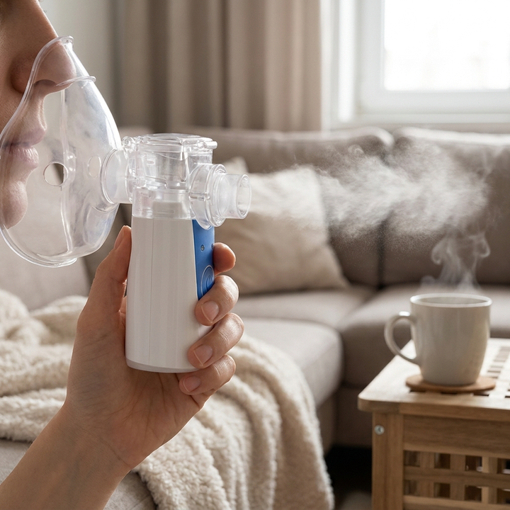 Compact white portable ultrasonic nebulizer for asthma, colds & coughs. Quiet breathing relief for respiratory wellness.