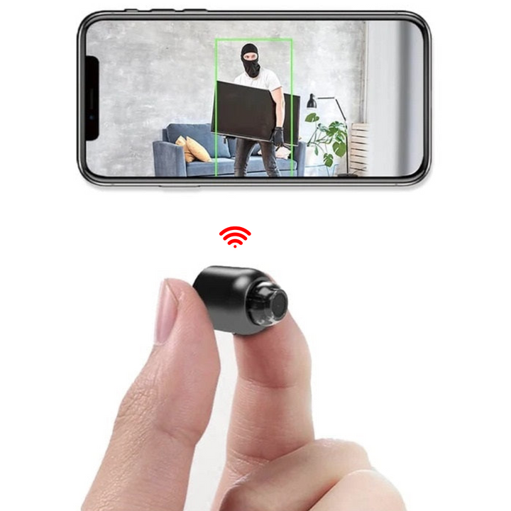 Compact WiFi security camera with night vision, HD audio & motion detection for discreet home surveillance.