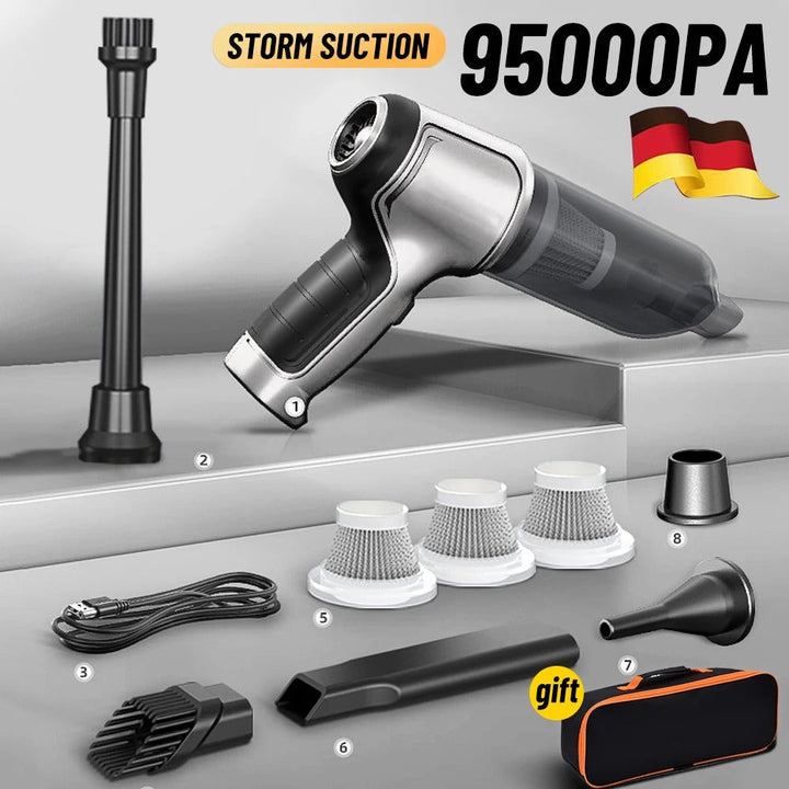 Cordless car vacuum cleaner, silver, lightweight with powerful suction and multi-functional accessories for efficient cleanin