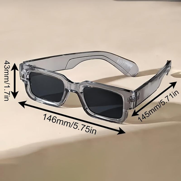 Stylish man wearing Corvella men's rectangular sunglasses, black frame, showcasing modern eyewear fashion