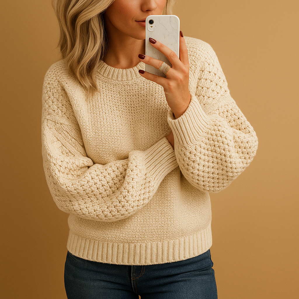 Cozy women's textured knit pullover sweater in a cream color, perfect for winter fashion.