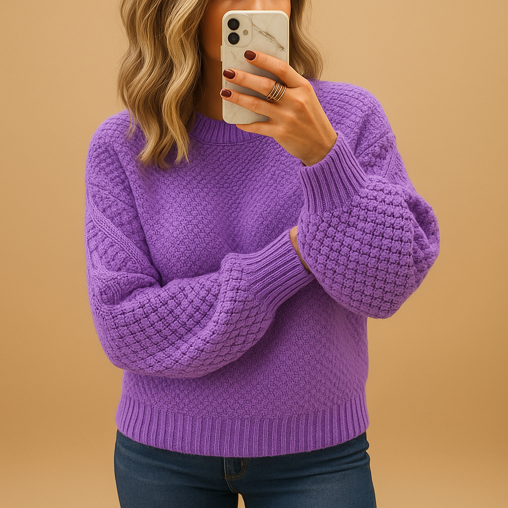 Casual long sleeve textured knit pullover for women, a warm and fashionable fall essential.