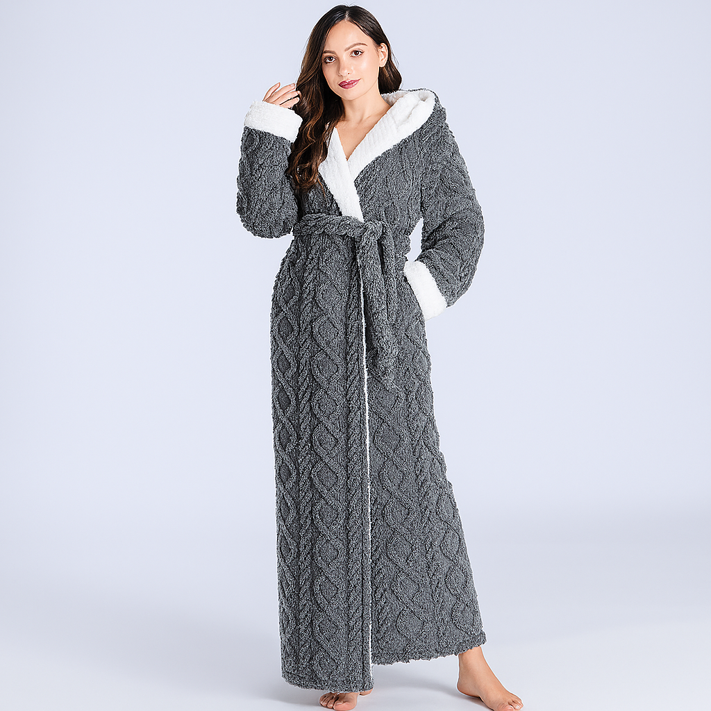 Women's warm gray hooded flannel fleece bathrobe, thick & cozy winter sleepwear for ultimate relaxation.