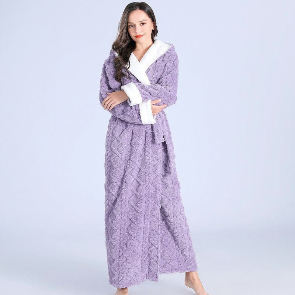 Plush purple hooded flannel bathrobe for women, thick and soft for cozy winter evenings & lounge wear.