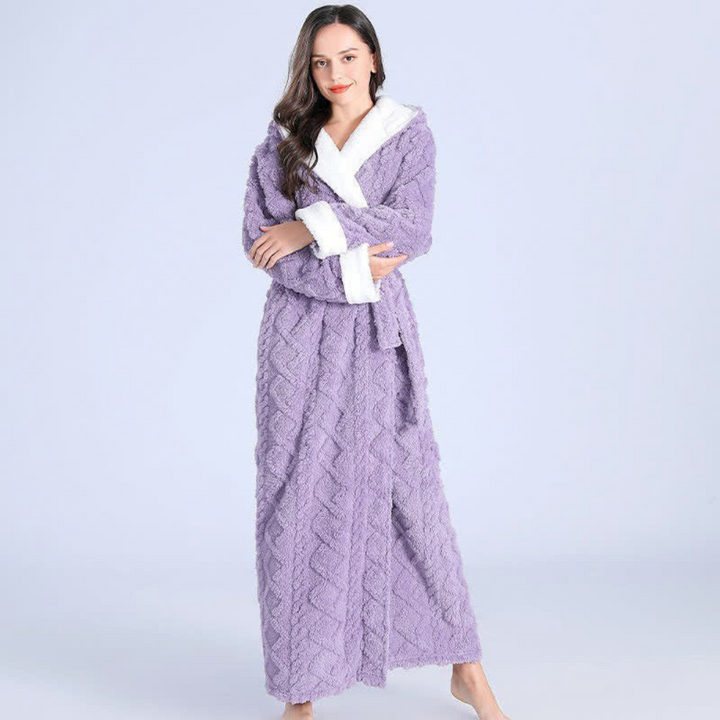 Plush purple hooded flannel bathrobe for women, thick and soft for cozy winter evenings & lounge wear.