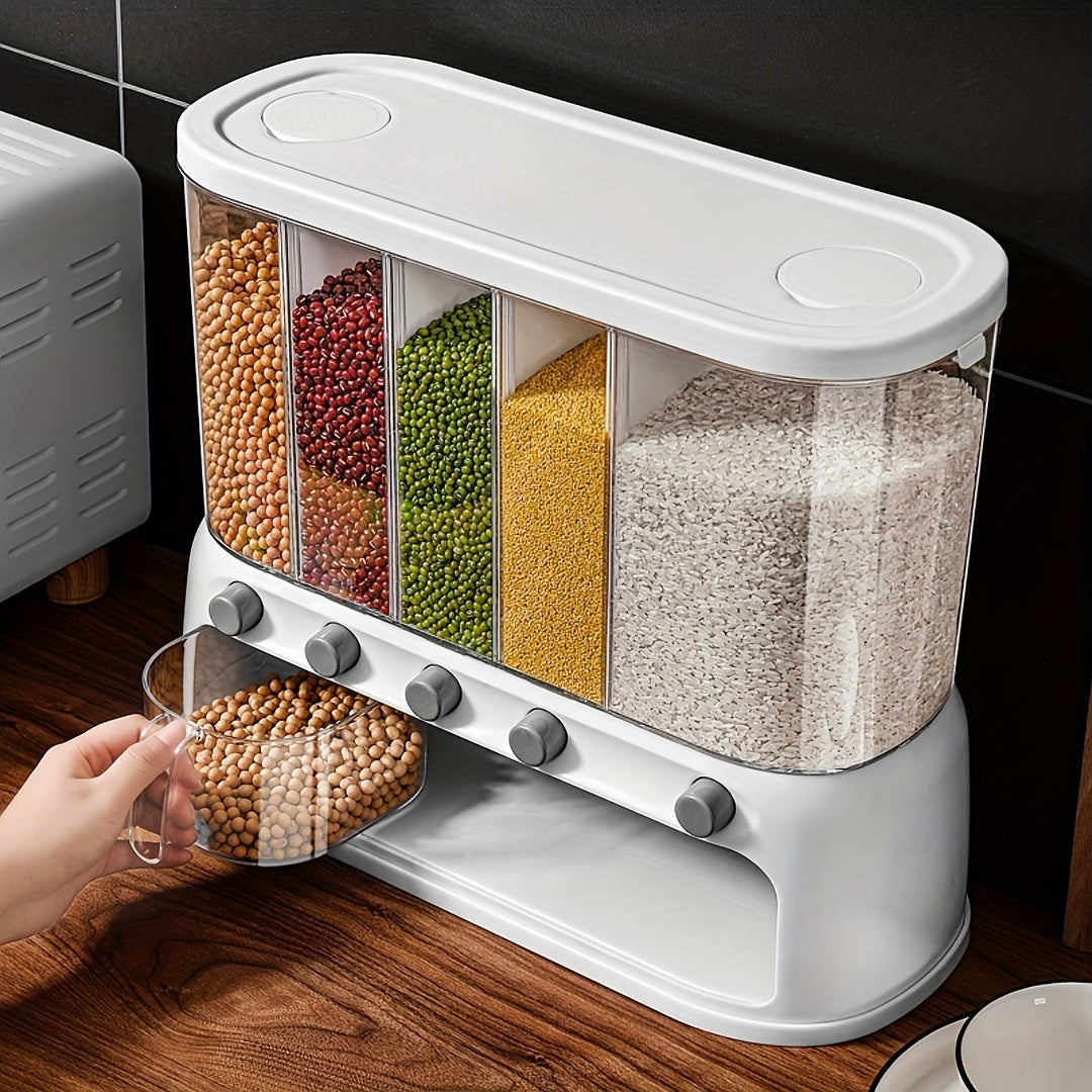Space-saving 5-section grain dispenser for kitchen storage. Keeps cereal, rice & dry foods fresh.