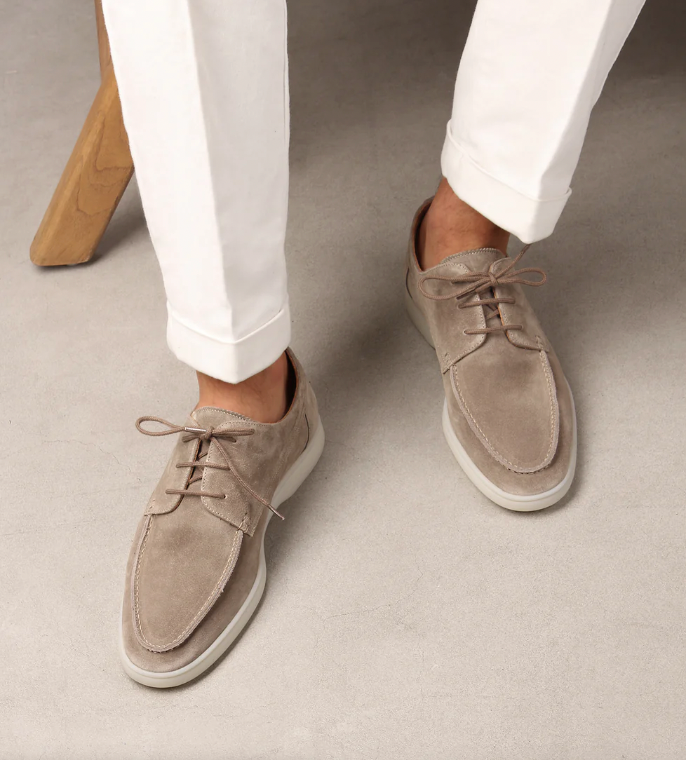 Comfortable beige men's lace-up loafers, rounded toe, perfect for versatile casual and dress shoe wear.