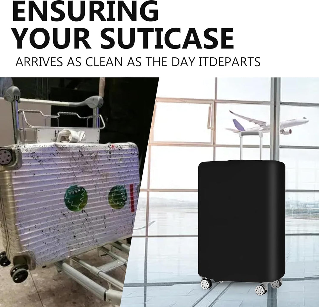 Anti-tear, dustproof travel luggage cover set. Stretchable suitcase protector for airline and road trips.