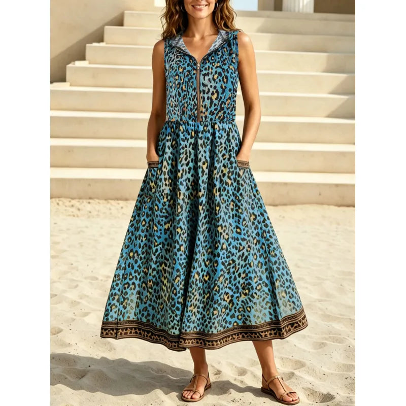 Comfortable women's flowy leopard print maxi dress with a hood & pockets, ideal for versatile summer fashion.