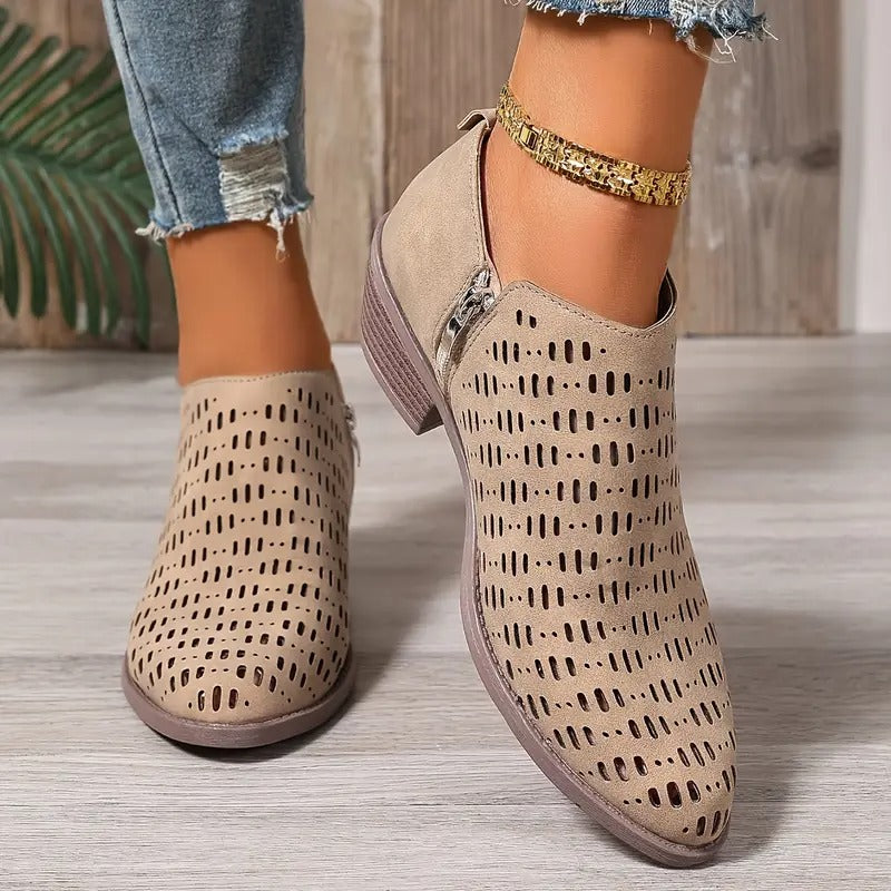 Eleanor women's spring cutout ankle boots in beige, lightweight casual style for everyday wear.