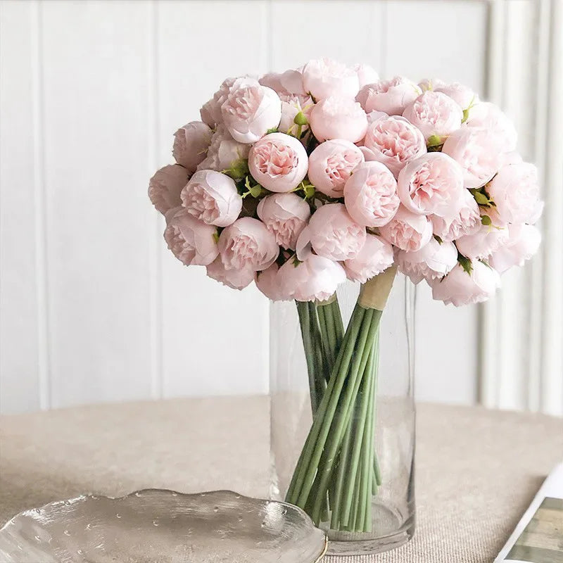 Romantic faux silk peony bouquet, enhancing home, event, or wedding decor with timeless beauty.