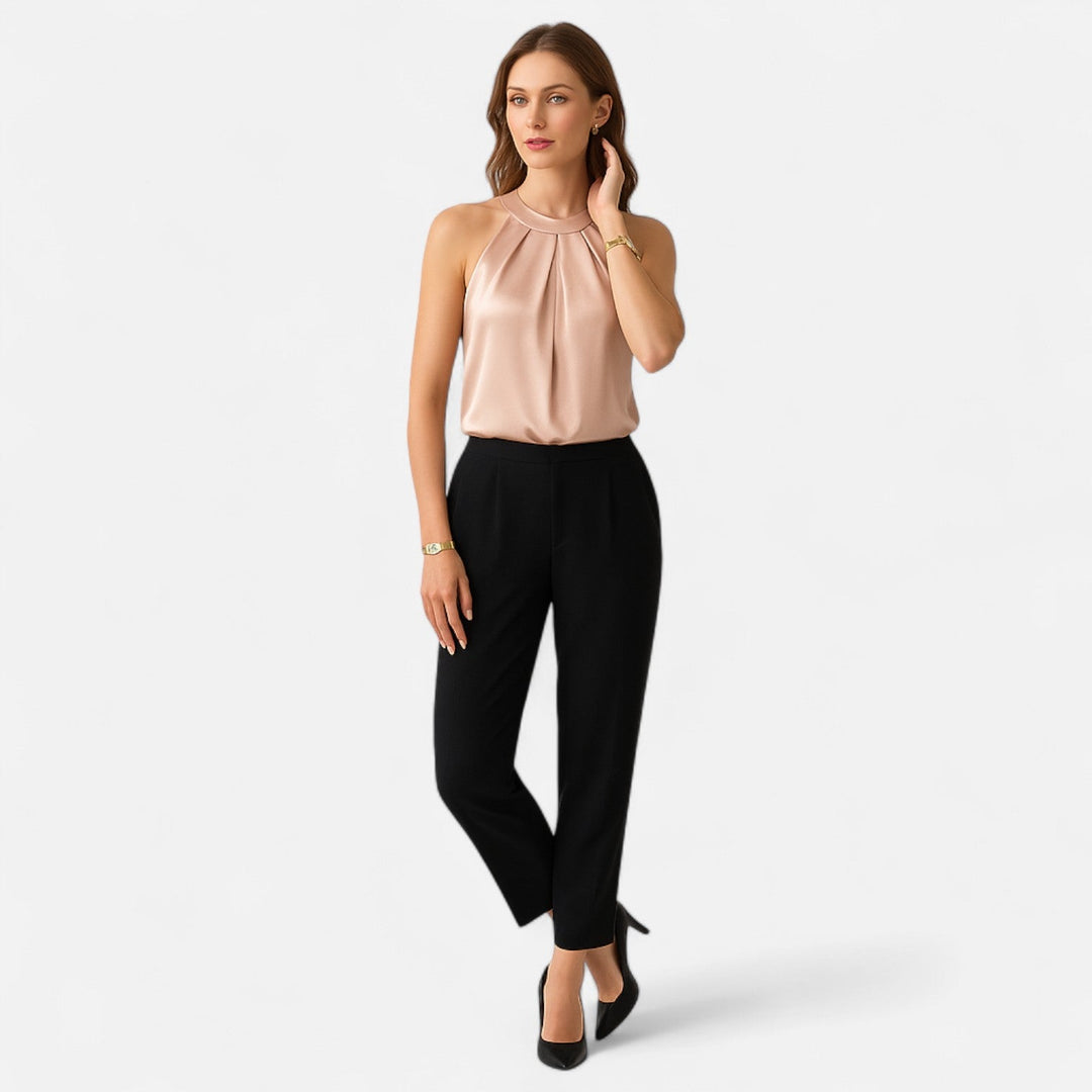 Beige pleated satin tank top, an elegant and fashionable sleeveless blouse for women's wear.