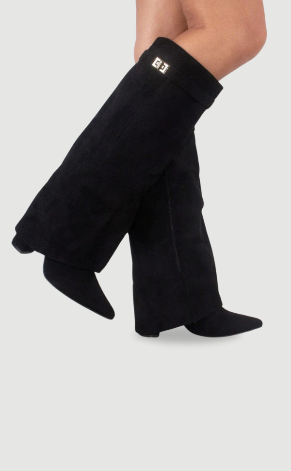 Top view of these stunning leather thigh-high boots for women, complete with buckle decorations.