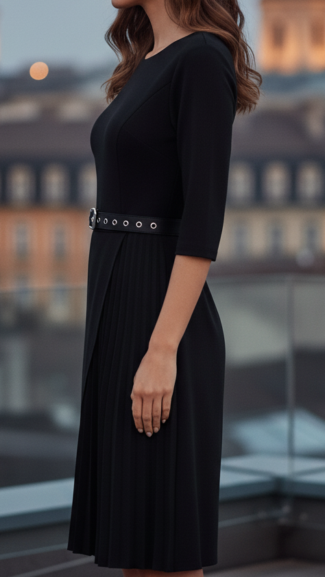 Stylish black belted long sleeve midi dress for women, an elegant and comfortable choice for spring events