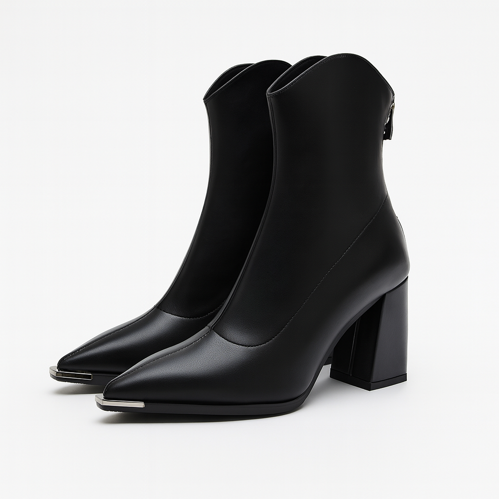 Close-up of women's pointed heel ankle boots, showcasing the sleek design and high-quality material.