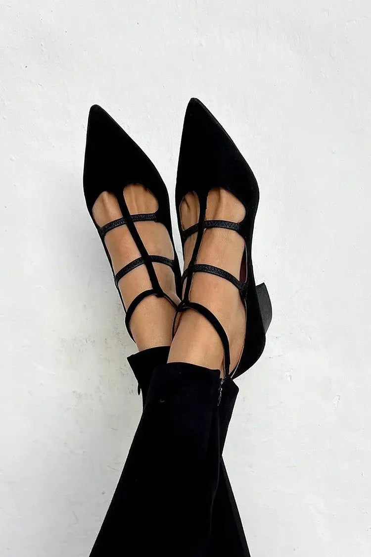 Elegant black strappy pointed toe women's flats with ankle strap for all-day comfort & versatile style.