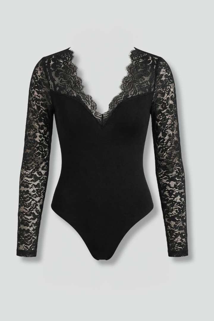 Elegant black V-neck blouse for women with sheer patterned long sleeves, perfect for day-to-night fashion.