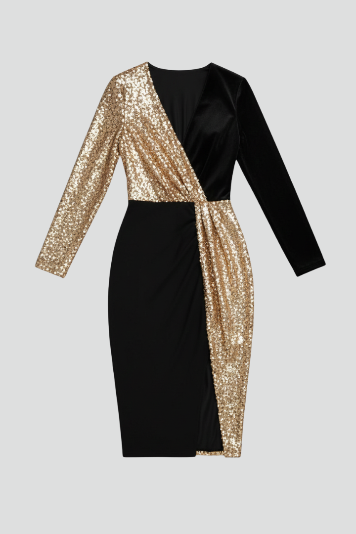 Elegant black V-neck long sleeve dress with sophisticated textured panels. Perfect for fall parties & versatile chic wear.