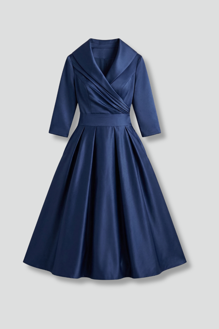 Elegant blue women's midi dress with wrap neckline, long sleeves, and graceful pleated skirt, perfect for parties.