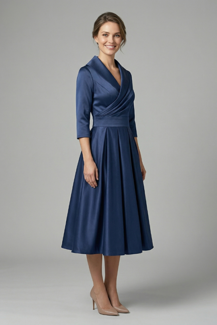 Chic women's midi dress with a wrap neckline and beautiful pleated skirt, suitable for casual or party.