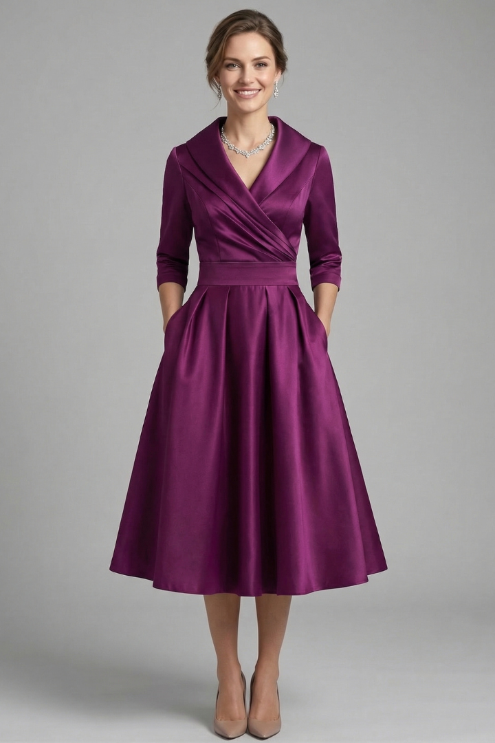 Black women's midi dress with flattering wrap neckline and elegant pleated skirt, ideal for formal wear.
