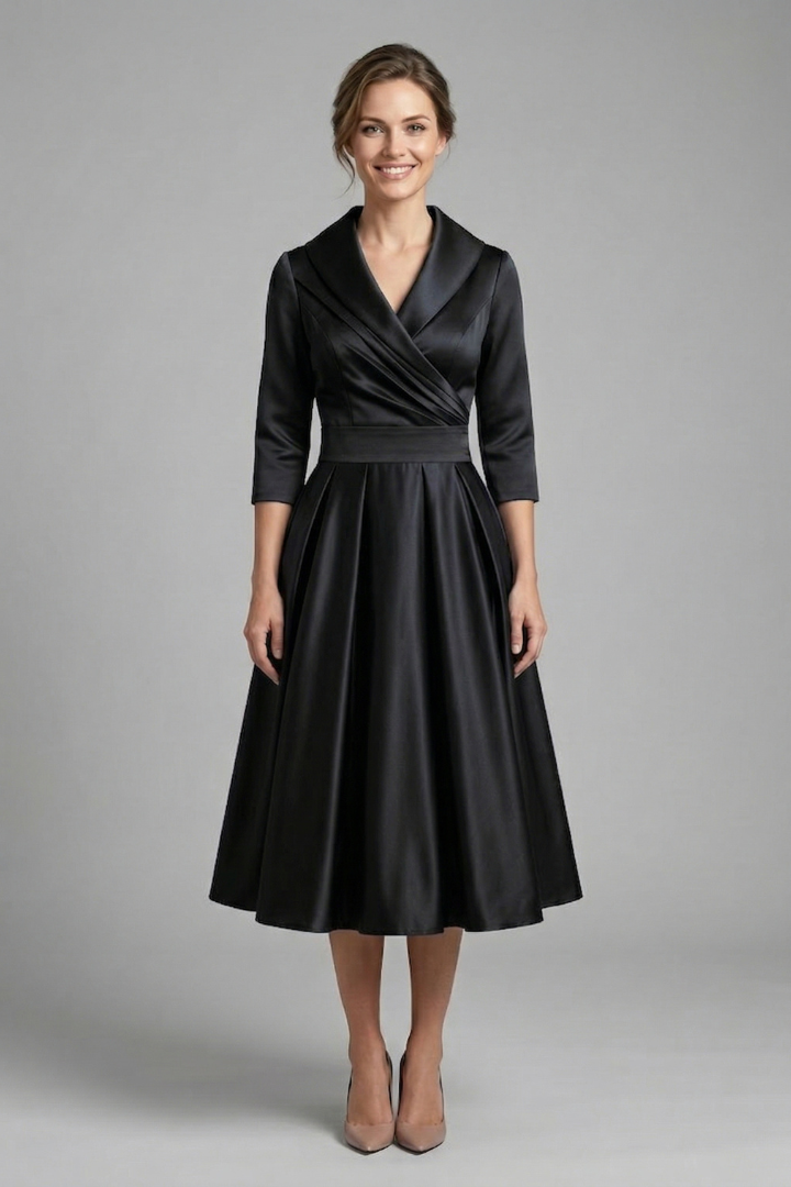 All-season women's long-sleeve midi dress, comfortable fit, featuring a wrap neck and pleated skirt.